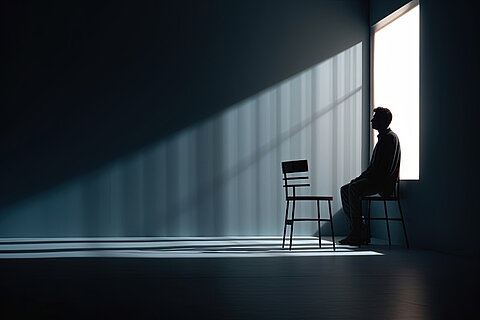 Mann steht in einem dunklem Raum als Zeichen für Burnout